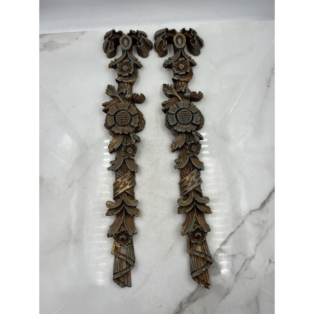 Vintage Ornate Floral Wall Appliques Pair Gold Verdigris French Baroque Resin